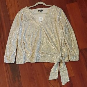 INC International Concepts Silver and Cream Sequin Blouse